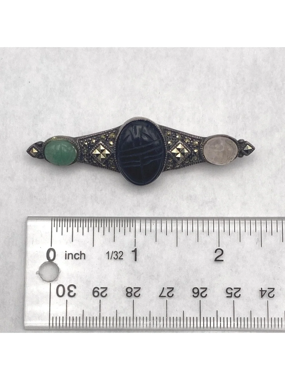 VTG Sterling Silver Multi Stone Carved Scarab Brooch, Egyptian Revival Brooch.